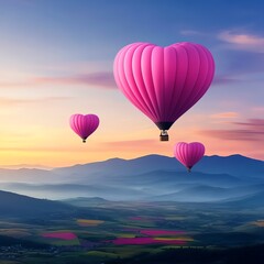 Fototapeta premium Hot air balloons shaped like hearts, flying over a vibrant valley, 3D illustration
