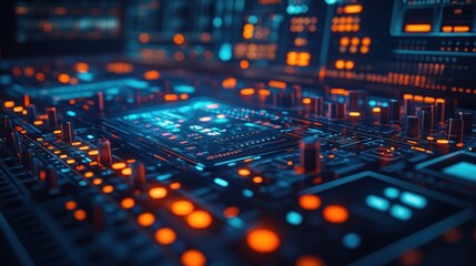 Obraz premium Futuristic Technological Circuit Board: A mesmerizing close-up of a vibrant, glowing digital circuit board.