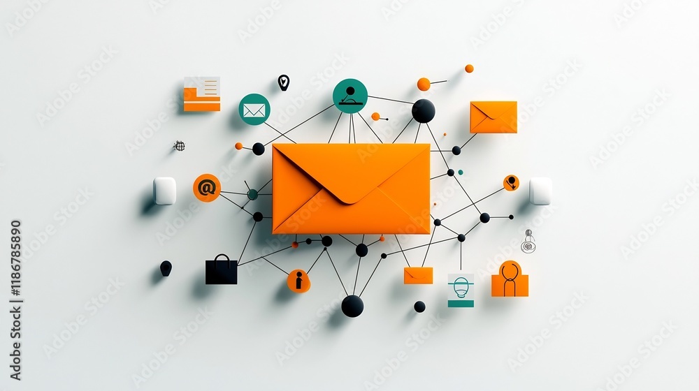 Poster an abstract depicting an interconnected digital landscape with freehand symbols lines and a mail env