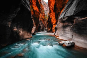 A serene scene of a hiker exploring the Narrows in Zion National Park, with towering canyon walls and a flowing river