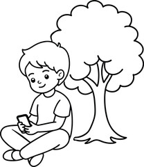 A cute baby using phone under a tree line art vector illustration