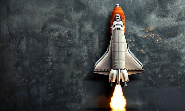 Space shuttle ascending with fiery trail against dark backdrop