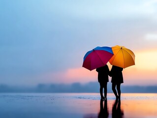 Lovers dancing in the rain with colorful umbrellas, romantic and joyful, water reflections and soft evening light