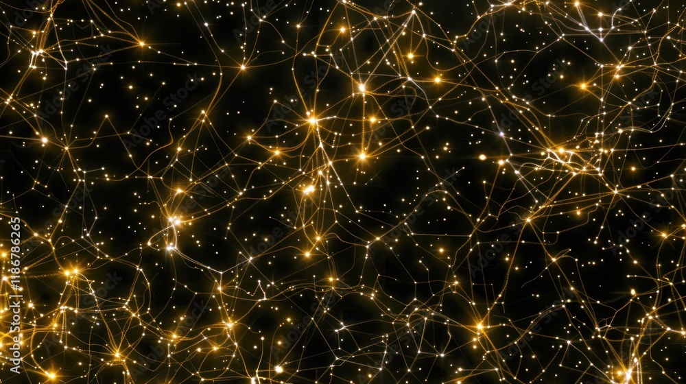 Poster abstract golden network of glowing lines and nodes on a black background.