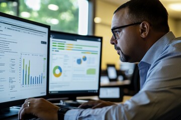 Data Analyst at Work: A focused businessman meticulously analyzes data displayed on dual computer screens, showcasing his dedication and expertise in business intelligence.  