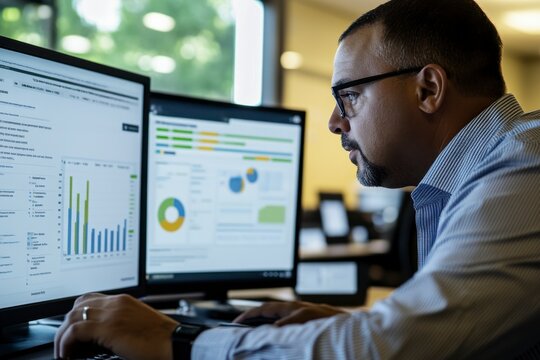 Data Analyst at Work: A focused businessman meticulously analyzes data displayed on dual computer screens, showcasing his dedication and expertise in business intelligence.  