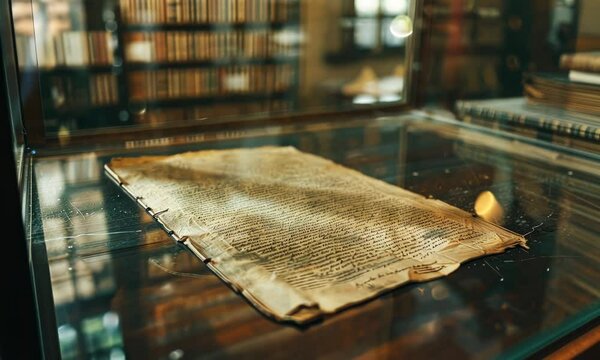 Ancient manuscript on display in glass case with library shelves blurred background