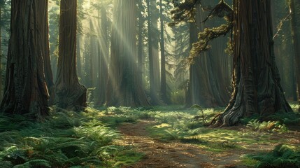 Naklejka premium Sunbeams illuminate a path through a majestic redwood forest, dappled sunlight on ferns and mossy ground.