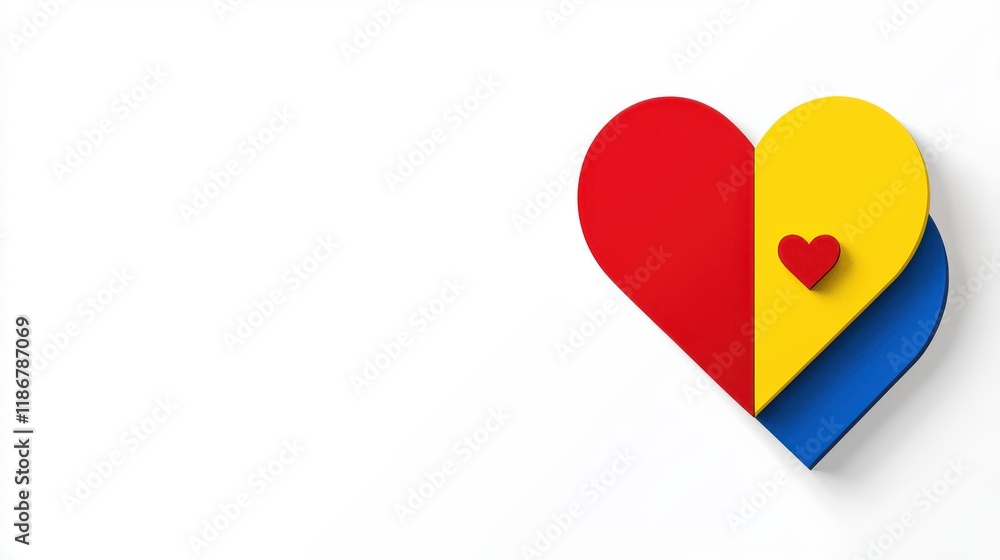 Poster abstract heart icon in bold primary colors on clean background for creative designs and visual proje