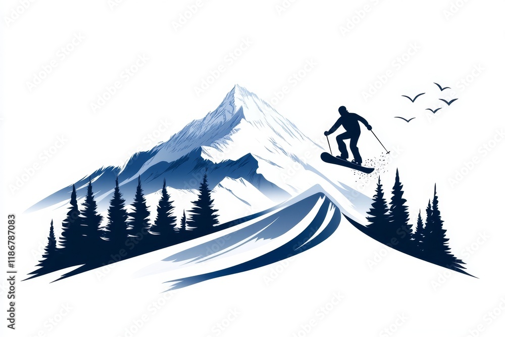 Aufkleber a simple icon of a snowboarder descending utah snowy wasatch range, drawn with sharp, minimalist lin