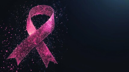 Pink ribbon awareness symbol, polygonal design on dark background.