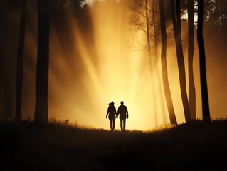 Fototapeta premium Lovers walking through a misty forest with heartshaped light beams, dreamy atmosphere, 3D illustration
