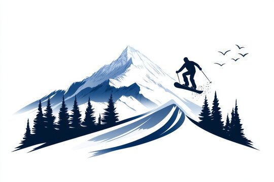 A simple icon of a snowboarder descending Utah snowy Wasatch Range, drawn with sharp, minimalist lines