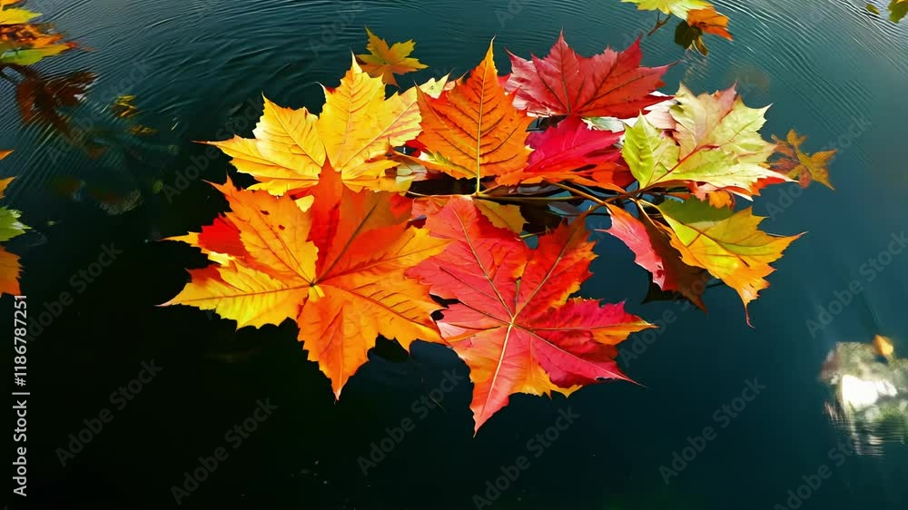 Poster establishing video of a 360-degree rotation around a cluster of bright red autumn leaves creating vi