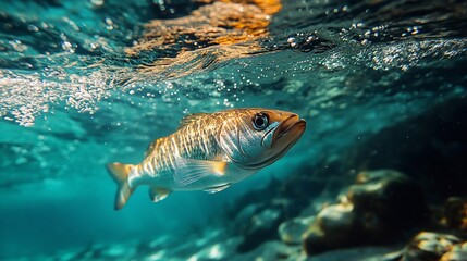 A Striped Fish Swims Underwater Near Rocks