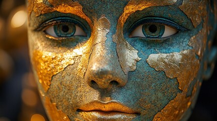 Golden and Teal Painted Face Close Up