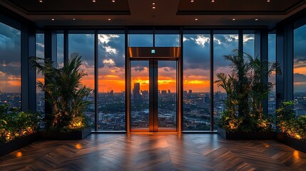 Fototapeta premium Urban Sunset View Through Modern Glass Doors