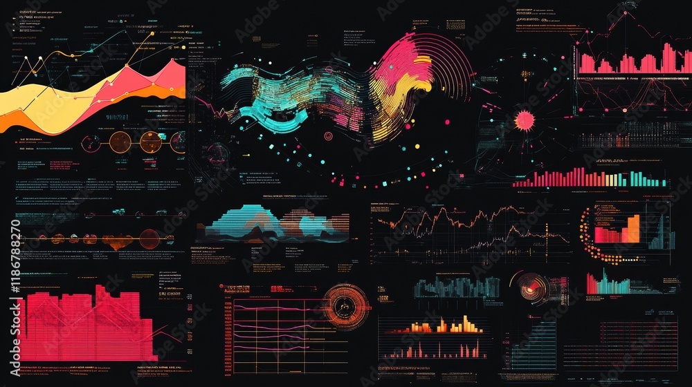 Poster abstract black background with colorful charts and graphs with statistics to innovative analyze busi
