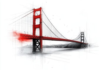 A sleek line drawing of the Golden Gate Bridge, with bold red accents and subtle shadows creating a striking silhouette on white