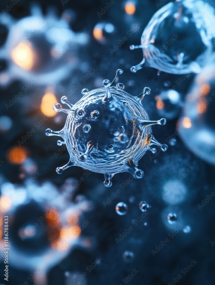 Fototapete viruses suspended in droplets of water showcasing intricate structures and forms under microscopic o