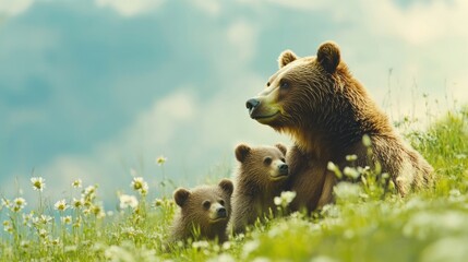 Fototapeta premium Mother brown bear with two cubs in a blooming meadow.