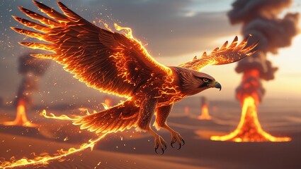 a fantastically designed eagle with spread wings flying in flames