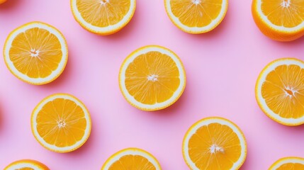 Obraz premium Flat lay of orange slices on pink background.