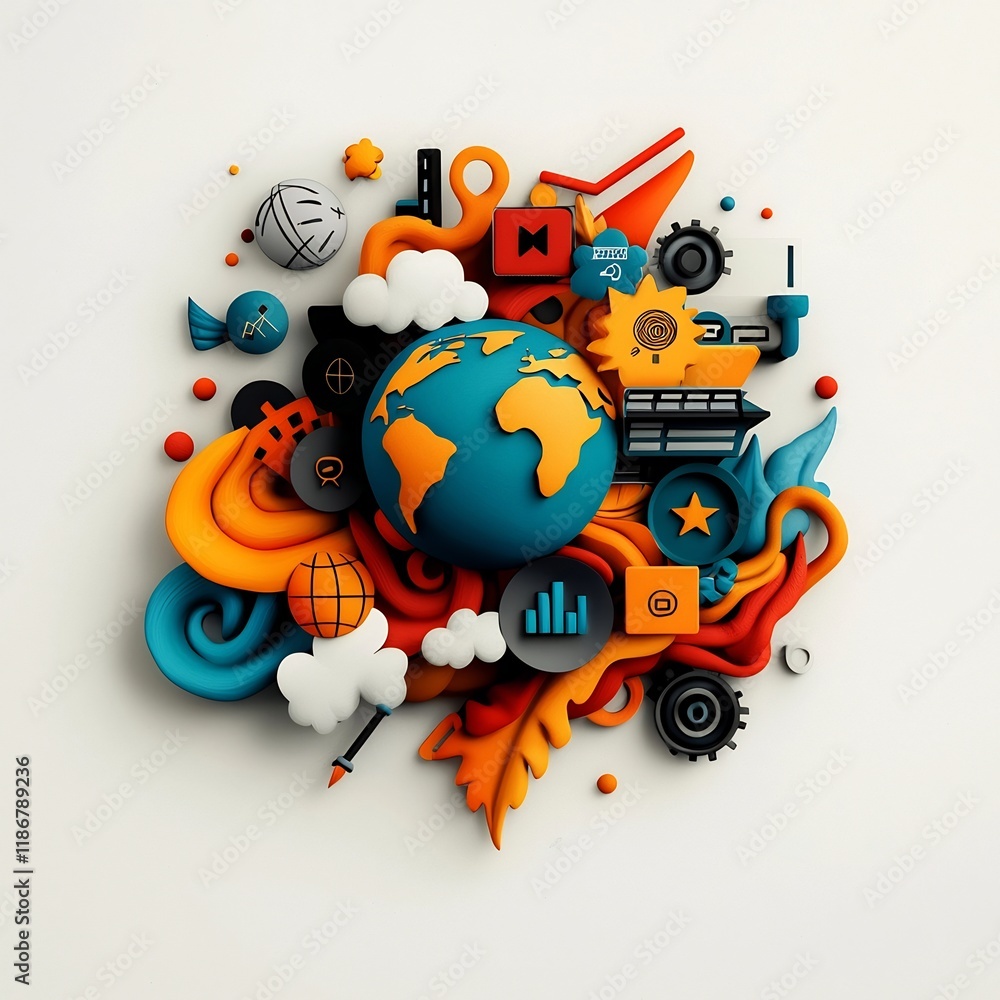 Aufkleber vibrant doodle style icons and typography representing the worldwide digital community and communica