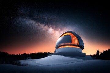 Obraz premium A space observatory perched on a snowy mountain, with a clear view of a crystal-clear starry sky