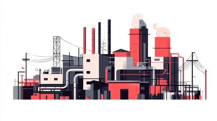 Obraz premium Flat vector illustration of a modern industrial complex with buildings, chimneys, pipes, and power lines on a white background. illustration