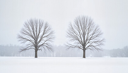 Fototapeta premium Minimalist scene of bare tree silhouettes in untouched snow against a pale grey sky in a serene winter landscape