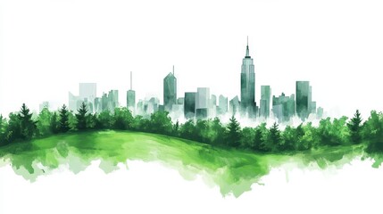 Fototapeta premium Green City Landscape Vector Illustration with a clean white background. Green city skyline vector illustration on a green field illustration