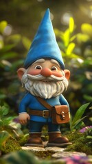 Obraz premium Garden gnome wearing blue attire, brown boots, leather bag, standing on rocky ground amid lush vegetation