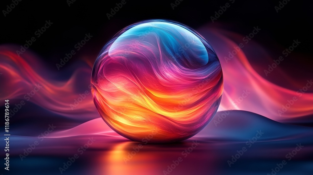 Poster abstract colorful sphere emitting vibrant light with energy waves flowing in the dark background, cr
