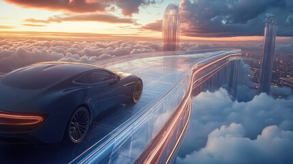 futuristic car driving on transparent road above clouds at sunset, showcasing stunning skyline and ethereal atmosphere