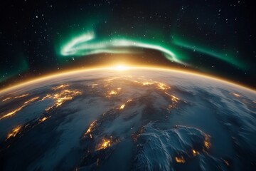 Fototapeta premium A stunning aurora borealis seen from space, with shimmering green and purple lights dancing over the Earth poles