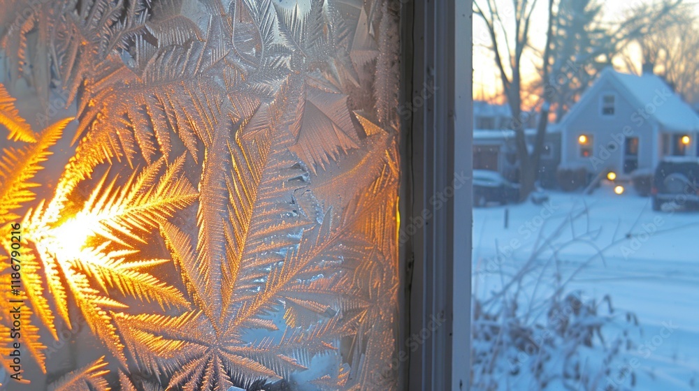 Poster intricate frost patterns on a windowpane illuminate a winter sunset scene.