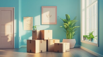 Sunlit room with moving boxes, plants, and artwork.