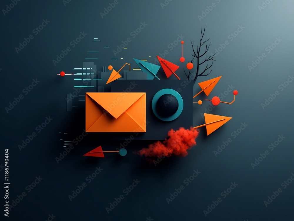 Aufkleber experimental digital painting featuring a minimalist digital avatar and abstract arrow and envelope 