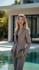 Fototapeta premium Professional real estate agent in stylish suit, standing confidently by modern poolside. serene environment enhances her approachable demeanor
