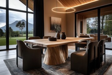 Rustic Charm: Organic Living Room with Wooden Log Dining Table and Armchairs in Country House Interior Design