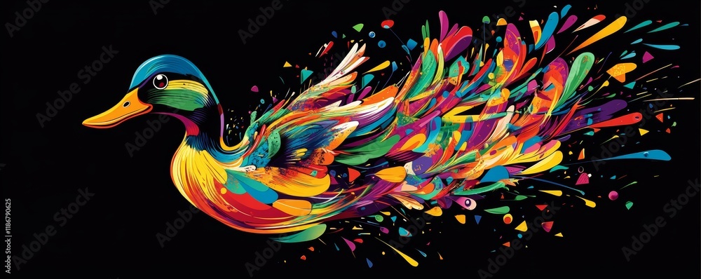 Poster flying duck scattering colorful paint droplets, creating dynamic abstract shapes against dark backgr