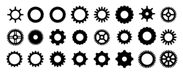 Gears shapes line icons. Flat machine gear icon. Wheel cogwheel vector. Simple outline isolated elements. Black gear.