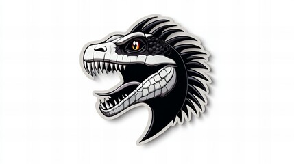 Fierce dinosaur head illustration in black and white.  A prehistoric predator design.
