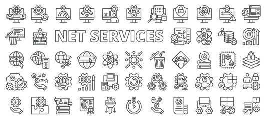 Internet services, icons in line design. Internet, services, online, network, connectivity, cloud, communication on white background vector. Internet services editable stroke icons