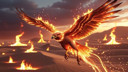a fantastically designed eagle with spread wings flying in flames
