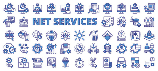 Internet services, icons in line design blue. Internet, services, online, network, connectivity, cloud, communication on white background vector. Internet services editable stroke icons