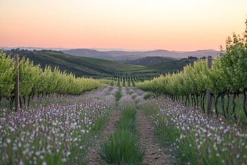 Fototapeta premium Lavender field during sunset with vibrant colors and serene atmosphere