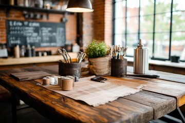 A traditional upholstery workshop with large wooden workbenches, swatches of fabric, and sewing machines