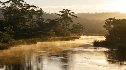 Misty sunrise over calm river with trees.
